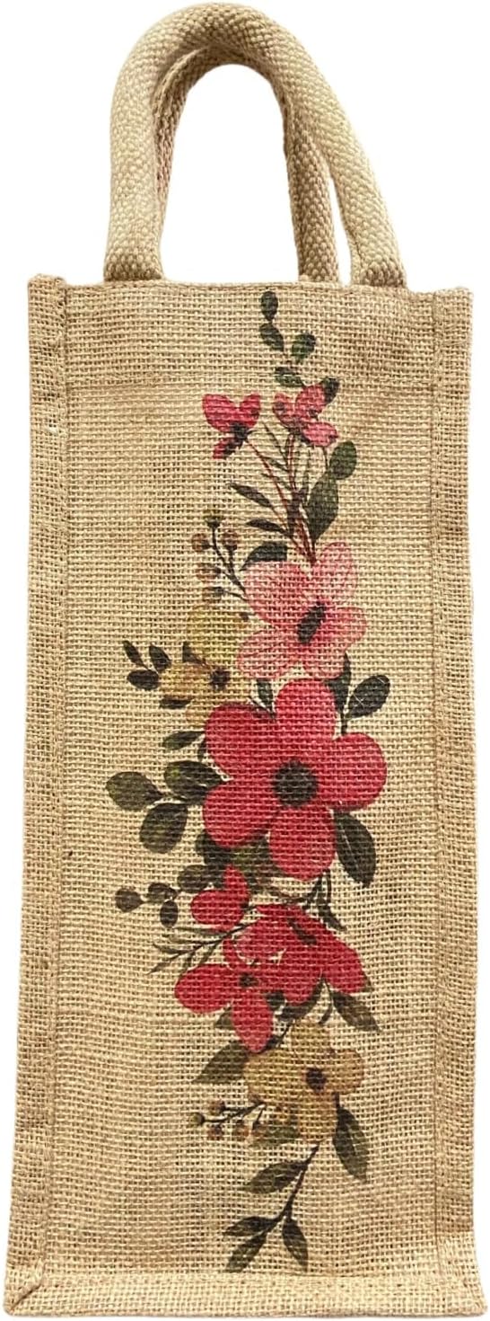 Ecoborn Eco-Friendly Hand Painted Floral Jute Wine Bottle Bag | Reusable Gift Bag with Cotton Padded Handle | Decorative for Weddings, Parties, Wine Tasting, Festivals & Christmas