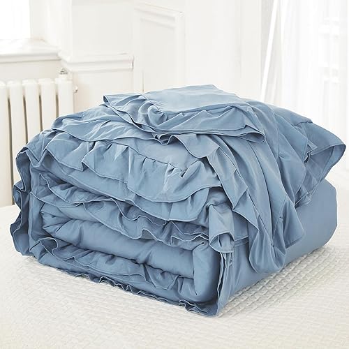 Miniatura 8 de Litanika Juego de edredón tamaño matrimonial de color azul grisáceo, juego de edredón estético de 3 piezas con volantes, juego de ropa de cama de