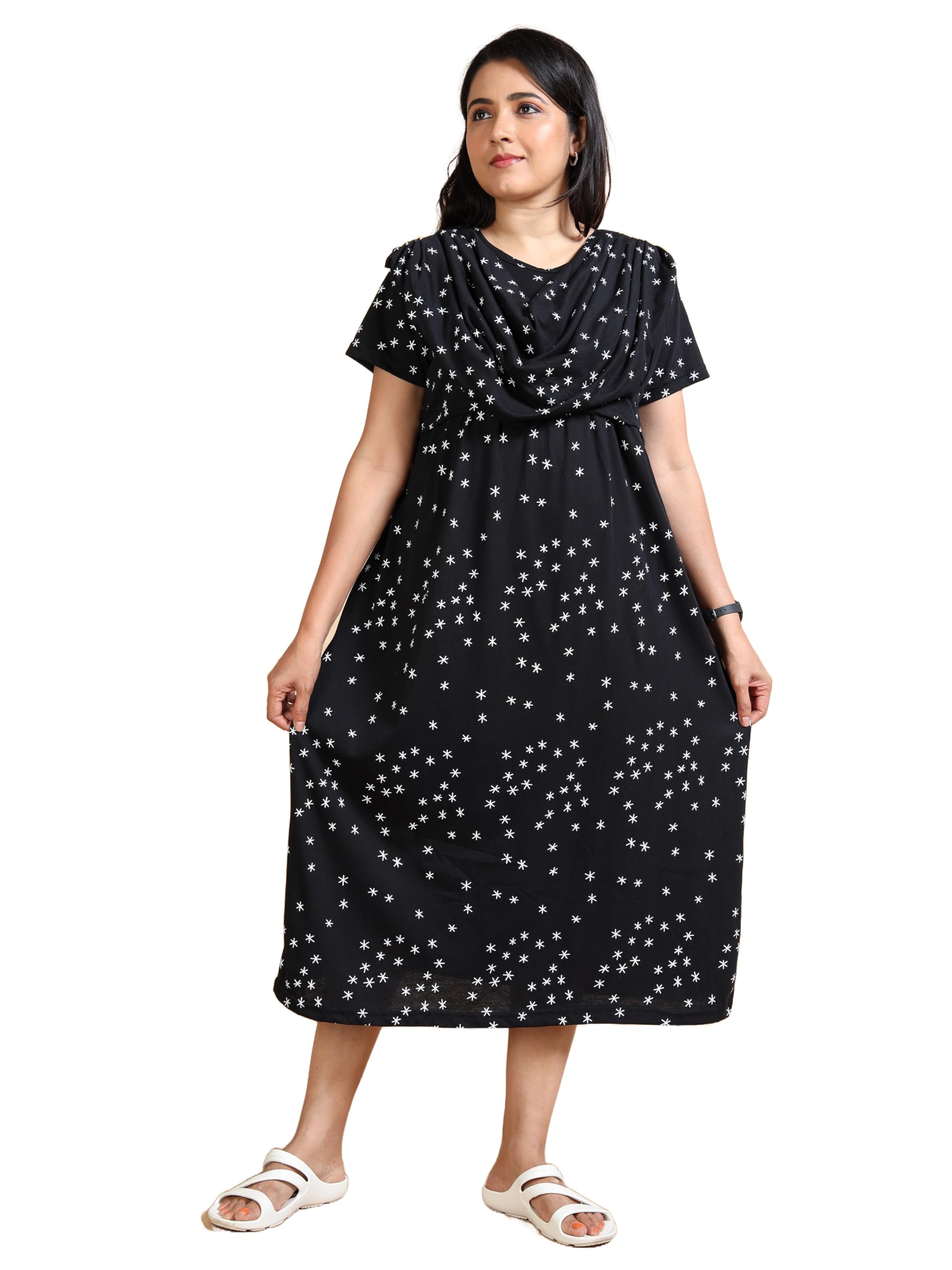 Women's Maternity Midi Dress with Purple Heart Print Pattern Short Sleeve Draped Dupatta Style-image-30
