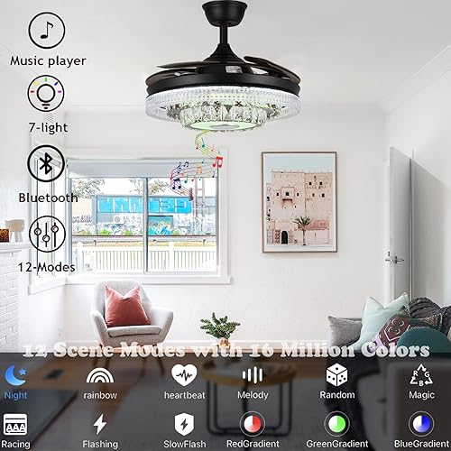 Miniatura 3 de Fandian Ventilador de techo inteligente moderno de 42 pulgadas con luces de control remoto, candelabro de cristal retráctil de inversa negra con