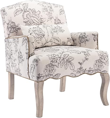 Sillas de Acento Florales Estilo Granja Sillón Tapizado de Lino Silla de Lectura Moderna de Mediados de Siglo Sofá Individual con Almohada para