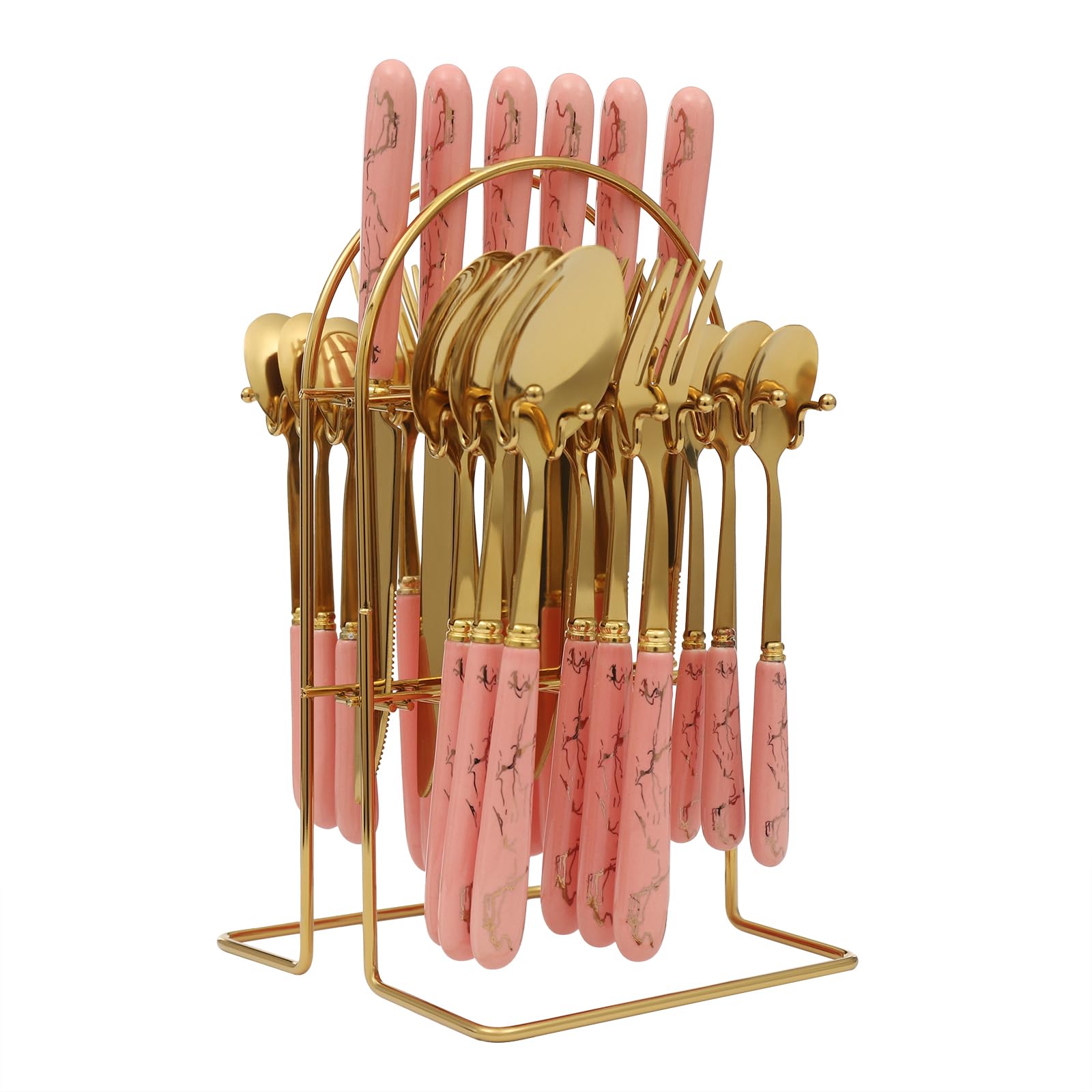 Cutlery Set 24 Piece Finish Stainless Steel Flatware with Blades, Ceramic Handles, Gold Iron Cutlery Storage Stand for Elegant Modern Dining and Kitchen Organization (Pink)