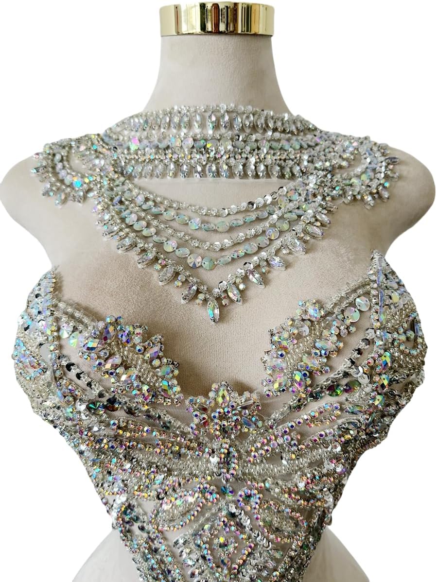 Handmade Rhinestones Applique sew on lace Crystal Sequins Trim Patches Accessories for Dress Clothing Neckline and Chest Decorative Material 2PCS/Set (Clear AB)