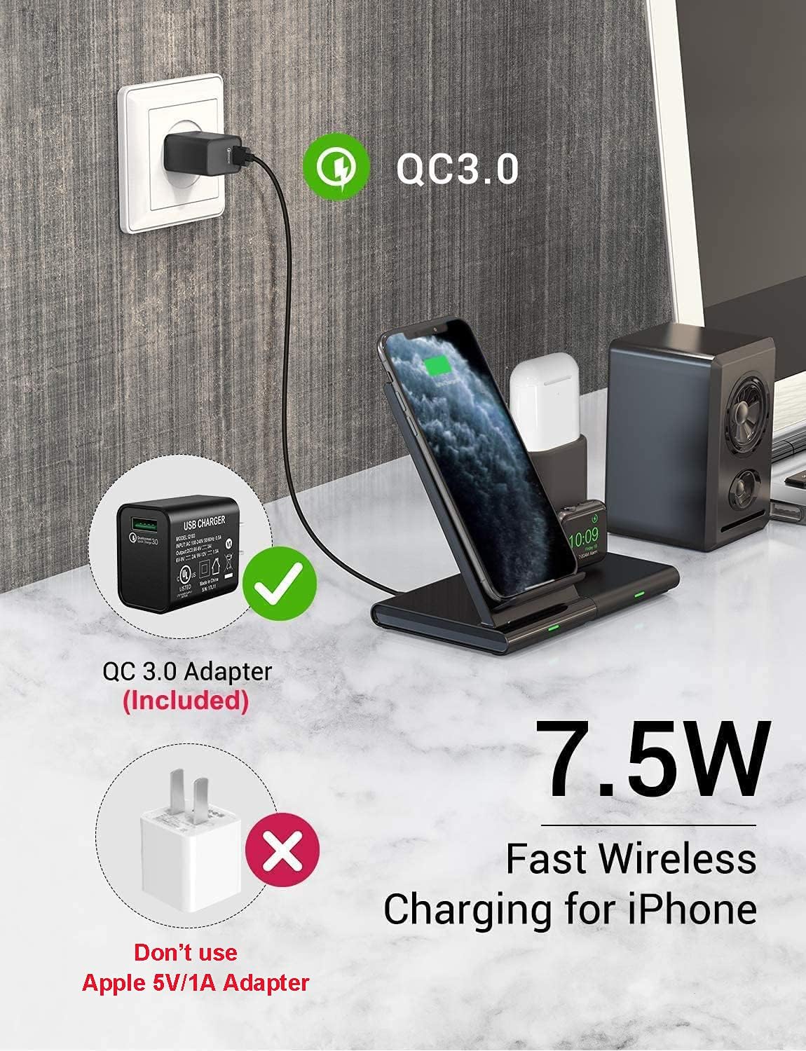 Bеѕt Dеаl Hoidokly Wireless Charger, 3 in 1 Charging Station Dock for iPhone 13 Pro Max/13 Mini/12/11/XR/XS/X/8/8 Plus, Charging Stand for AppIe Watch Series 6/SE/5/4/3/2, AirPods 3/Pro/2/1 (with QC Adapter)