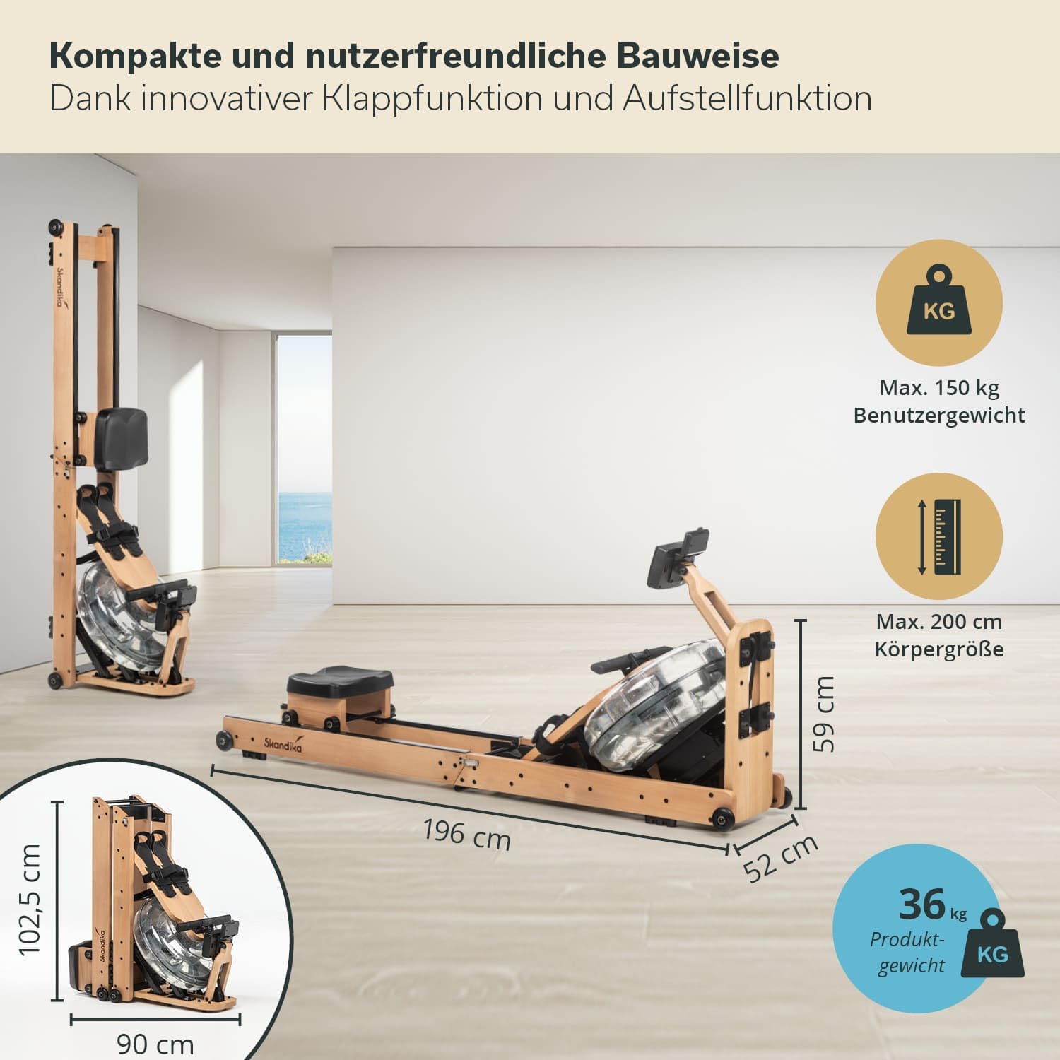 Skandika Wasserrudergerät Holz klappbar Nytta | Holz Rudergerät Wasser mit 45° Tank, 95% aufgebaut, schneller Aufbau, aus massiver europäischer Buche, Kinomap App kompatibel, Rudergerät für Zuhause