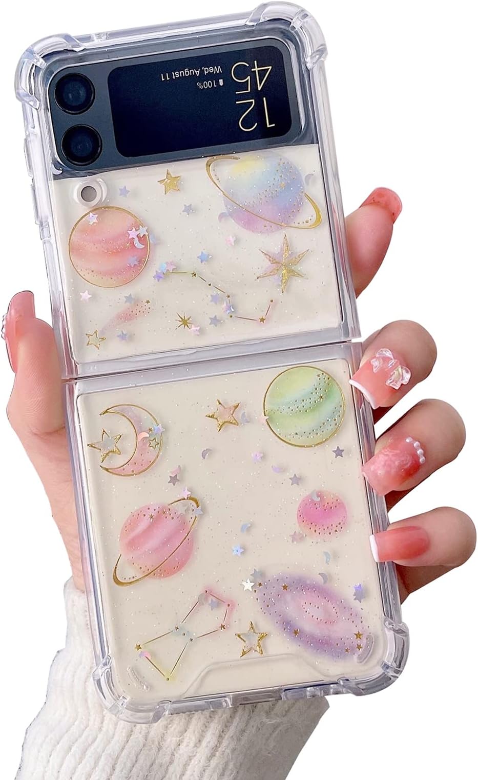 Omio Designed for Samsung Galaxy Z Flip 4 Case Glitter for Women Girls, Bling Planet Stars Shiny Sparkle Cute Clear Soft Rubber Shockproof Phone Cover for Galaxy Z Flip 4 Pink