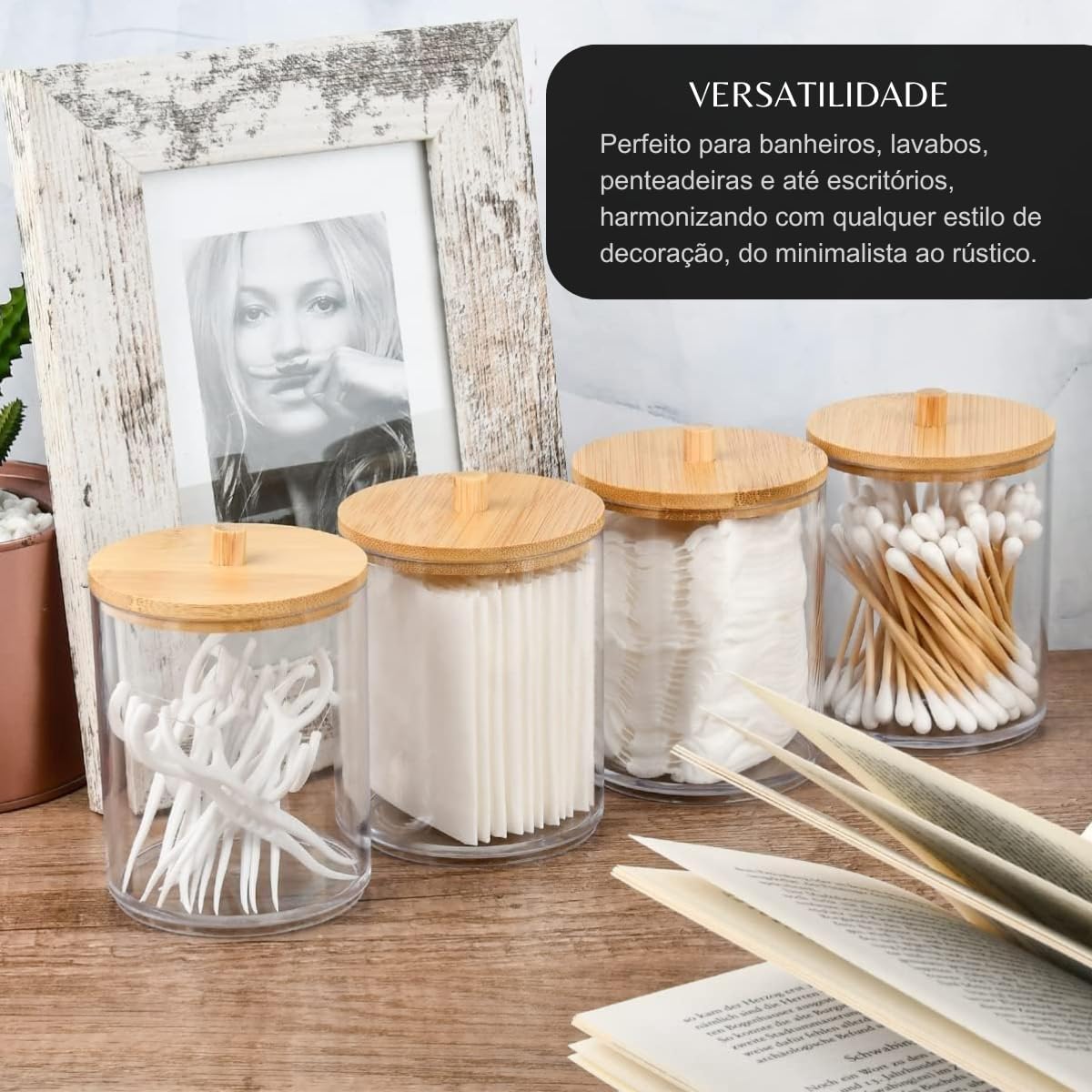 Kit 2 Porta Organizador de Cotonete ou Algodão Acrílico Redondo com Tampa de Bambu Premium Sustentável 9x7cm Decoração Organizadora Design Moderno Ideal para Banheiros, Lavabos e Penteadeiras