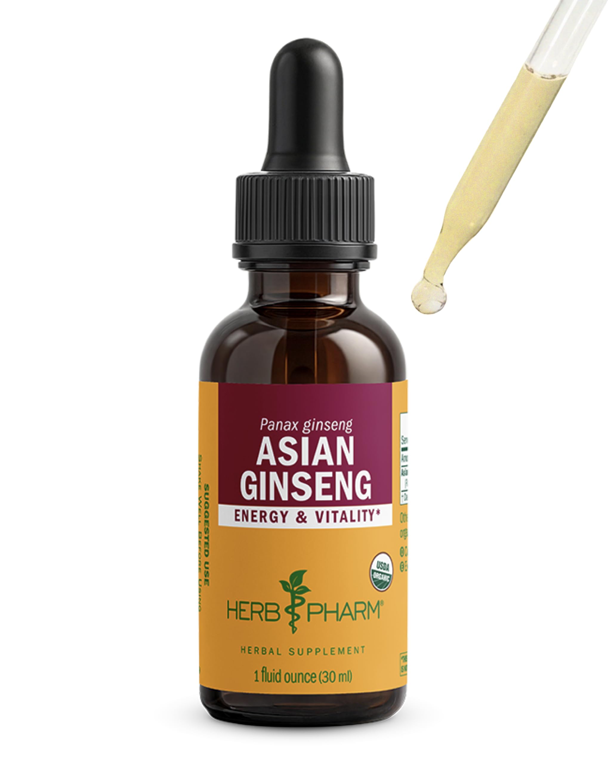 Herb Pharm Asian Ginseng Liquid Extract: Organic Korean Ginseng, Energy, Sharp Focus, Adaptogen for Daily Stress, Fast-Absorbing & Sugar-Free Panax Ginseng Root Tincture, Up to ~3 Week Supply, 1 oz* 1 Fl Oz (Pack of 1) Organic Cane Alcohol