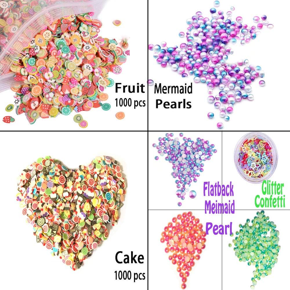 Slime Nail Supplies with 2000 Pcs 3D Polymer Fimo Slice Fruit and Cake & 800 pcs Mermaid Pearl Bead &1 Jar Star Glitter Confetti for Slime DIY Nail Art Phone Case Face Hair Wedding Party Decor