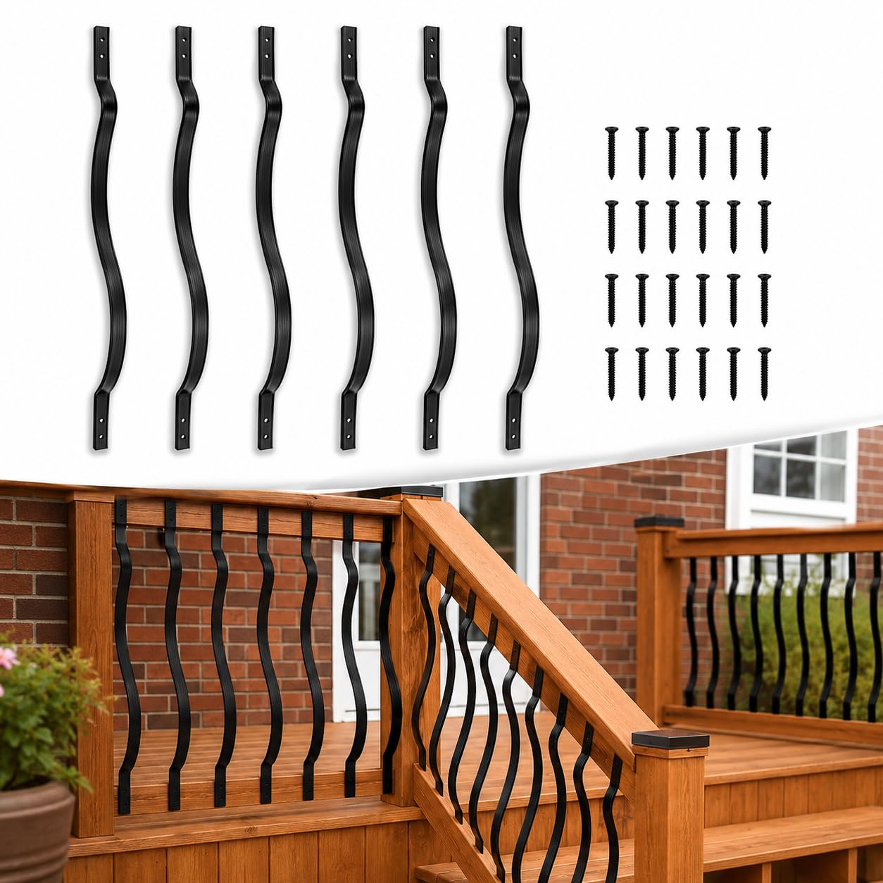 Belinova 25 Pack 29.5 Inch Wave Curved Aluminum Deck Balusters, Black | Wave-curved aluminum balusters with a black powder-coated finish, predrilled