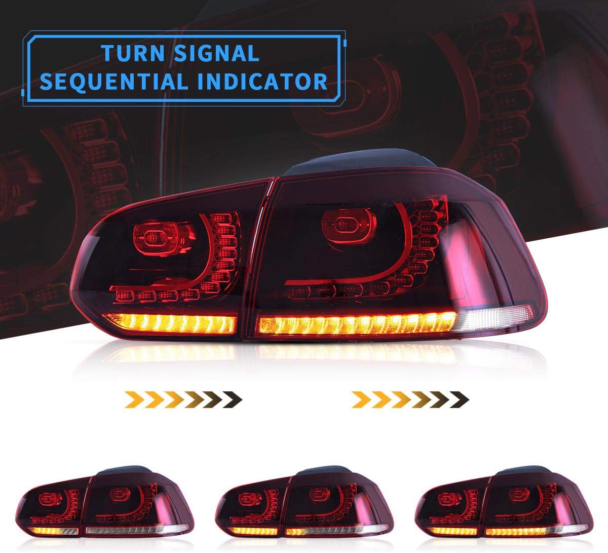 VLAND Led Tail lights Compatible with Golf 6 MK6 2010 2010 2011 2012 2013 2014, Full LED Rear Lamp Assembly w/Sequential Turn Signal, Red&Clear Lens