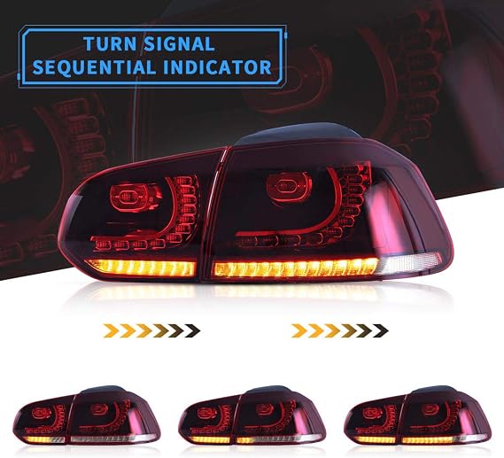 VLAND Led Tail lights Compatible with Golf 6 MK6 2010 2010 2011 2012 2013 2014, Full LED Rear Lamp Assembly w/Sequential Turn Signal, Red&Clear Lens