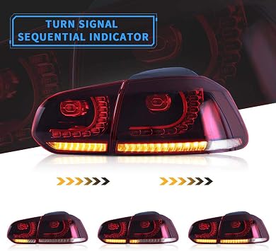 VLAND Led Tail lights Compatible with Golf 6 MK6 2010 2010 2011 2012 2013 2014, Full LED Rear Lamp Assembly w/Sequential Turn Signal, Red&Clear Lens