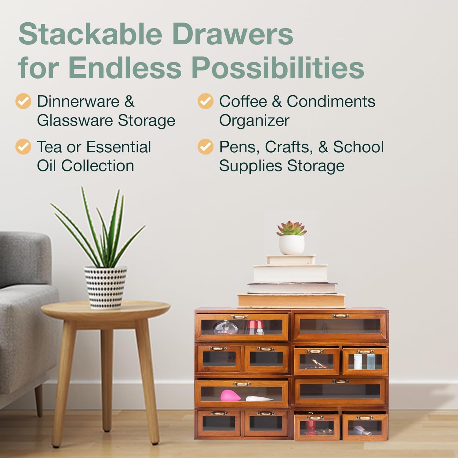 Modular Stackable Fully Assembled Set of 4 Storage Drawers - 12 Drawer See-Through Display Cabinets - 4-Level Desktop Organizer - Wood Box w/Metal Handle Collectible Card Bedazzling Decluttering