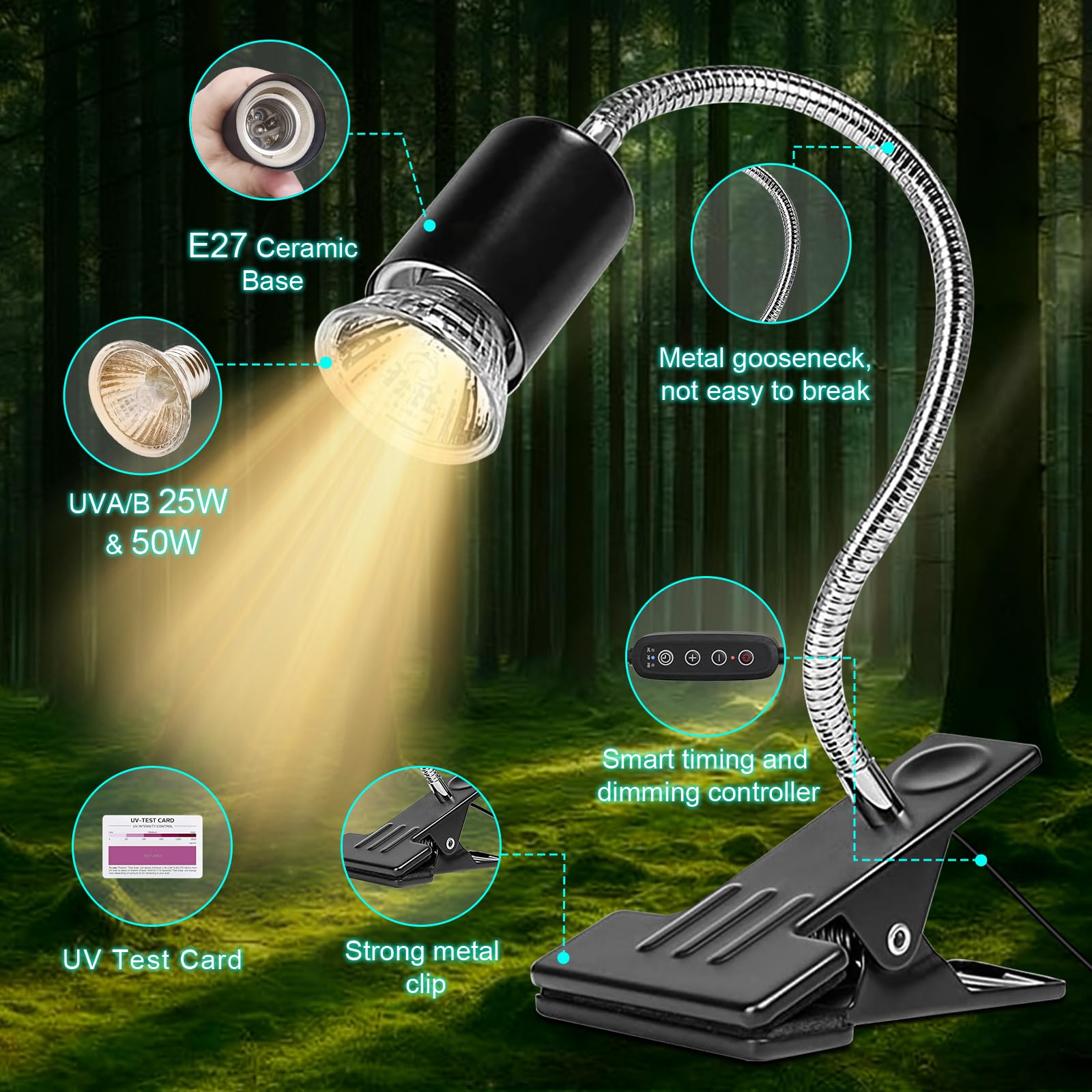 Reptile Heat Lamp Turtle Light - Long Lasting Ceramic Socket Basking Lamp with Auto Timer & Dimmer, 2 E27 Bulbs (25W & 50W) with UVB Support & Test Card for Turtles, Tortoises, Bearded Dragons, Geckos - image 2