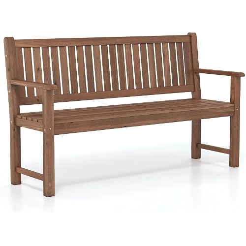 Tangkula 3-Seater Outdoor Wooden Bench, 59-Inch Large Garden Bench, Brown