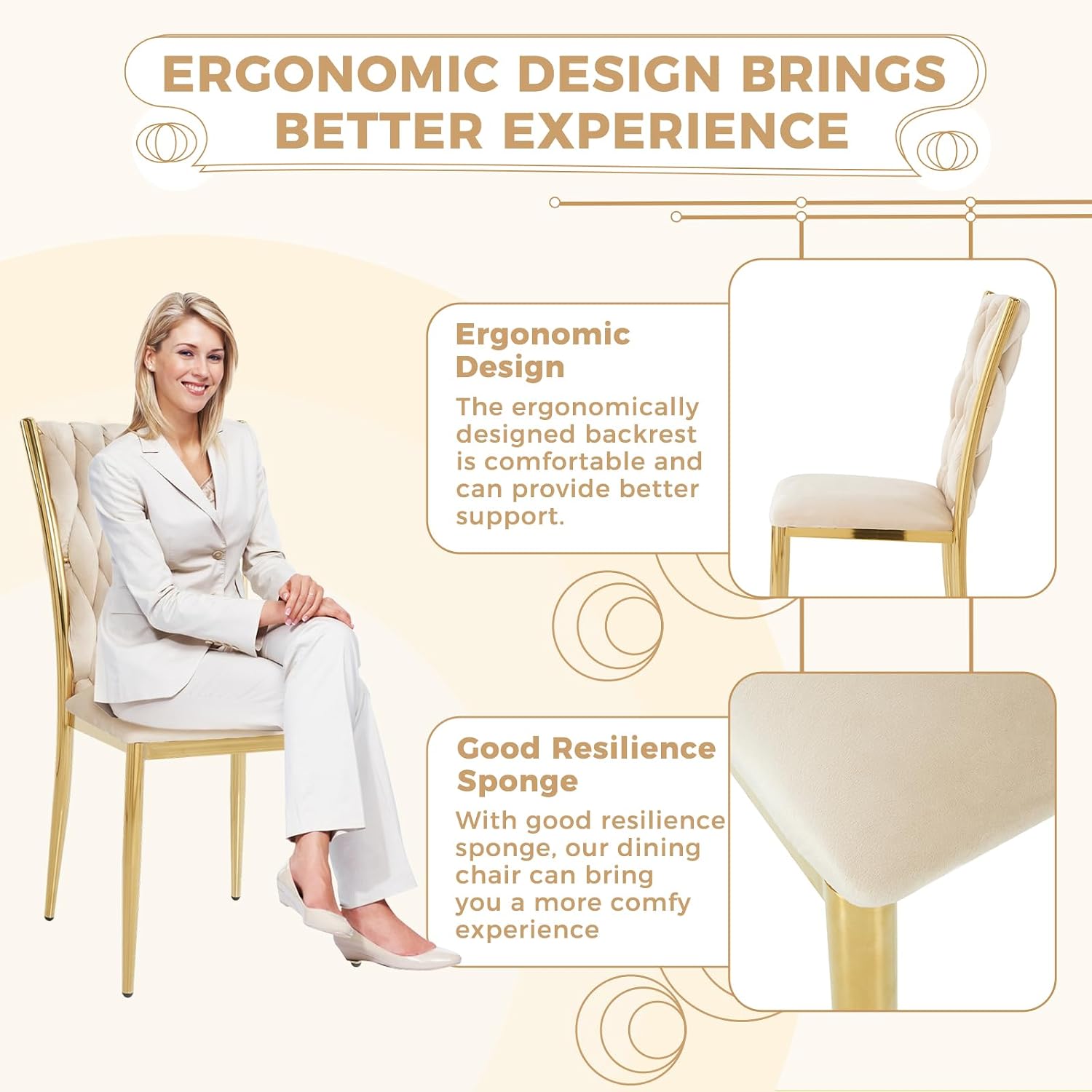 Velvet Dining Chairs Set of 4, Modern Woven Kitchen Chairs with Gold Metal Legs, Upholstered Cushion with High Back, Dirt Resistance, Easy to Install, for Living Room, Dining Room - Beige