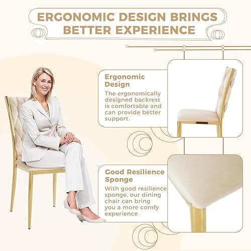 Miniatura 5 de Juego de 4 sillas de comedor de terciopelo, modernas sillas de cocina tejidas con patas de metal dorado, cojín tapizado con respaldo alto,