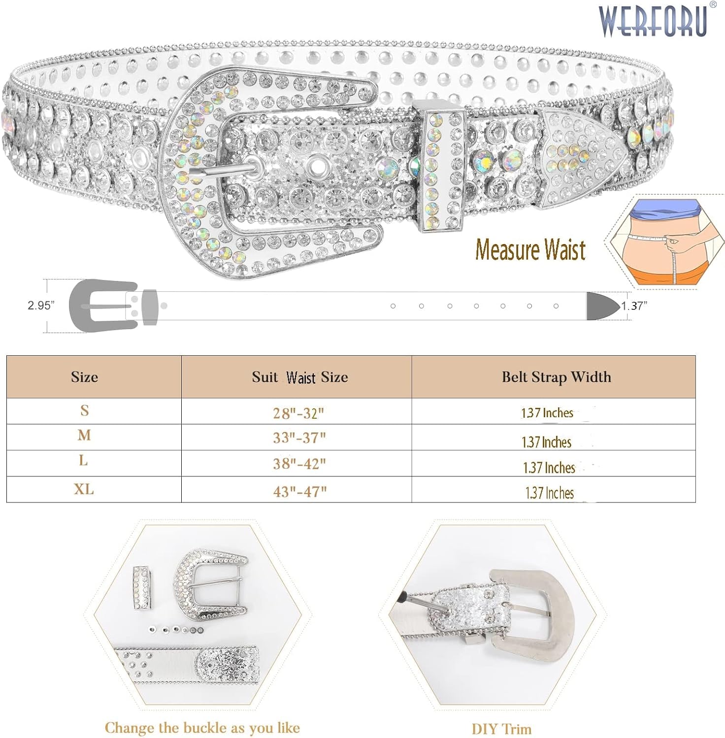 WERFORU Women Men Western Rhinestone Studded Leather Belt Unisex Bling Cowgirl Cowboy Waist Belt for Jeans Pants Dress - Image 4