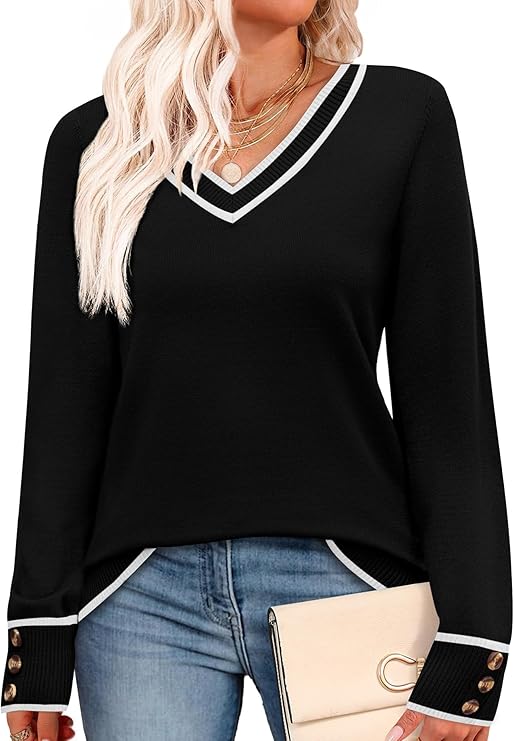 WIHOLL Lightweight Sweaters for Women Long Sleeve V Neck Knit Outfits with Decorative Buttons