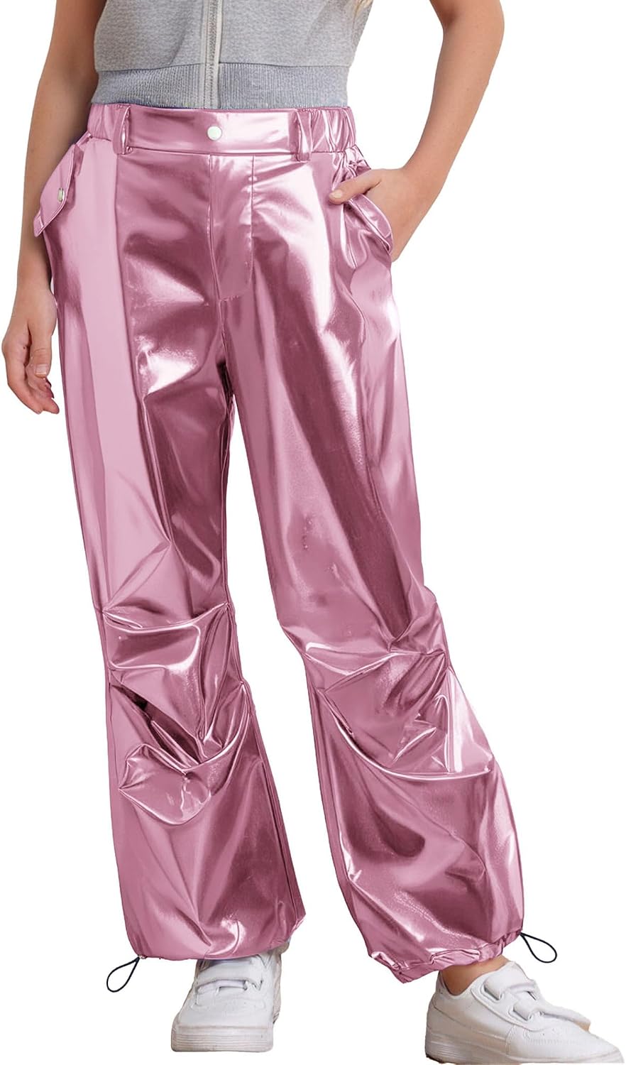 Kids Girls Sparkly Metallic Cargo Jogger Pants Disco Hip Hop Jazz Dance Trousers with Multi-Pockets