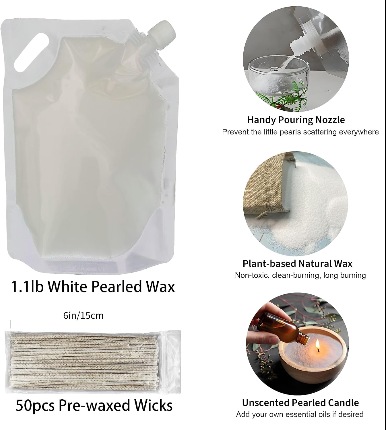 Pansyling Pearled Candle Sand Set, Refillable 1.1Lb Sand Wax, 50 X 6”Candle Wicks, Smoke Free Powder Snow Candles Sand Wax, 120 Hours Burning Time DIY Candle Making Kit, White