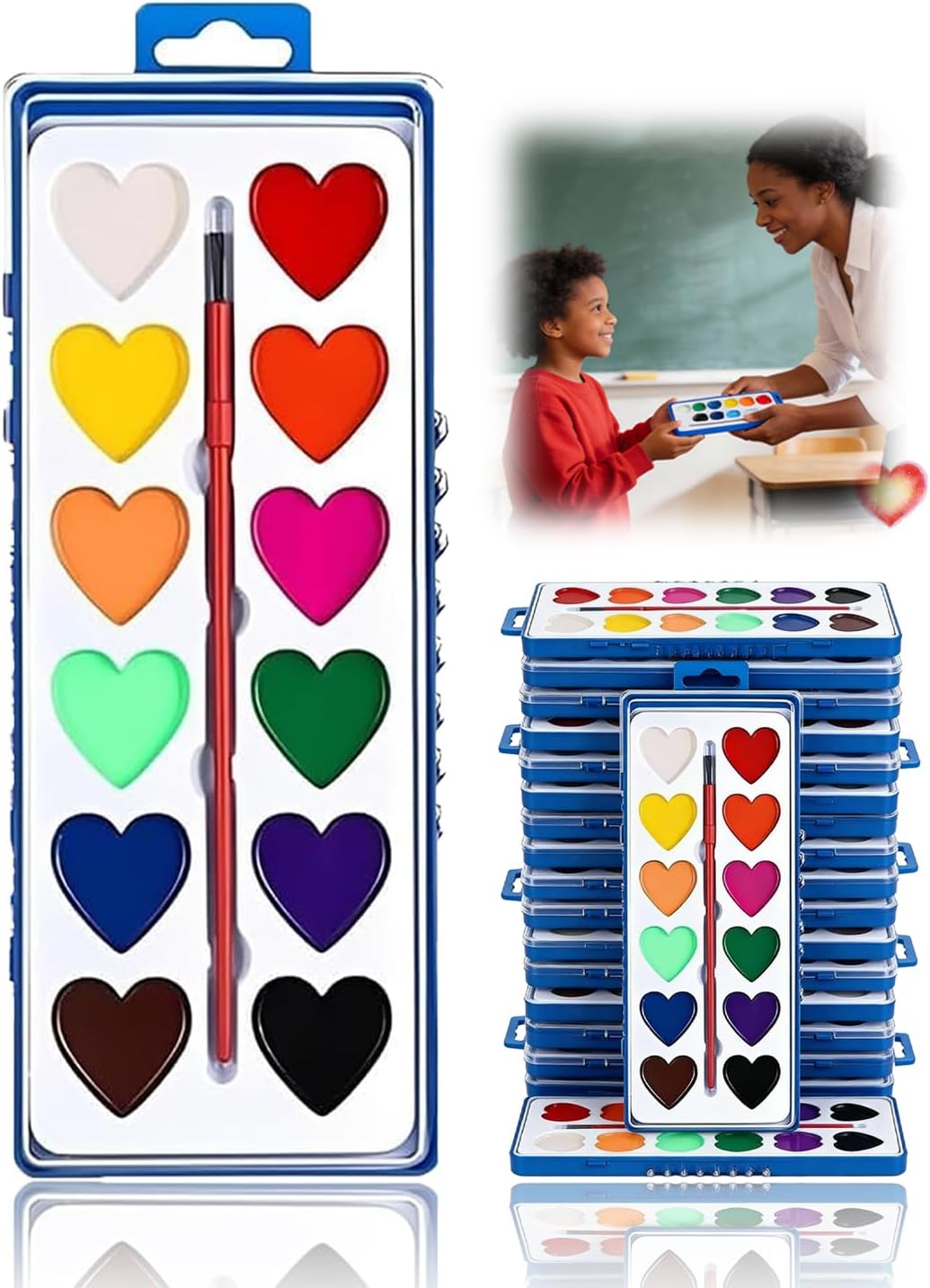 Heart Shaped Watercolor Paint Set - 8/12/24 Pack Valentines Day Classroom Gifts Bulk, Party Favors for School Class Preschool (24pc,8 colors)