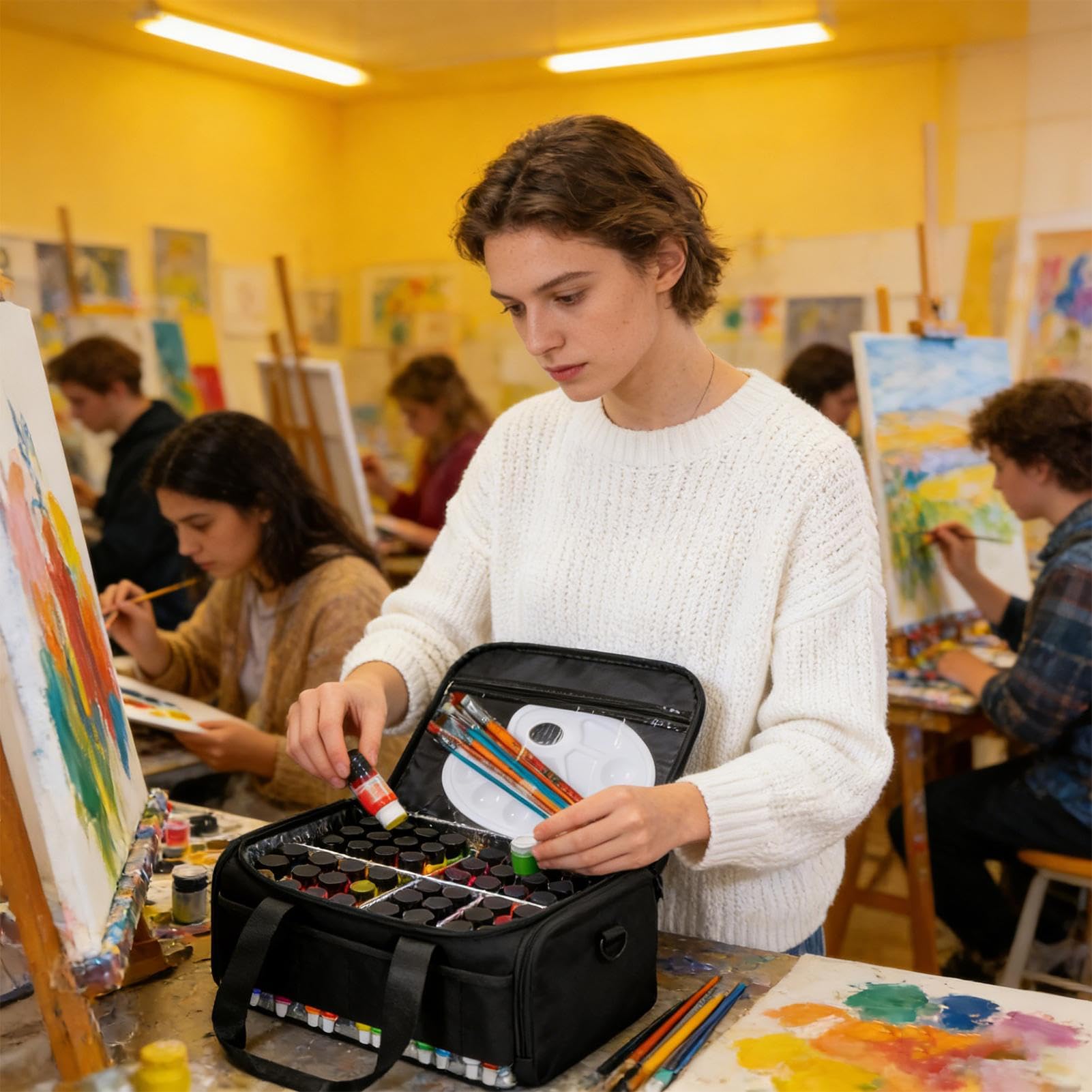 Generisch Caja de almacenamiento de pintura portátil para bolsa Oxford con asa, bolsa de cepillo extra, espacio para 60 botellas de pintura, perfecto para talleres, suministros de arte y actividades