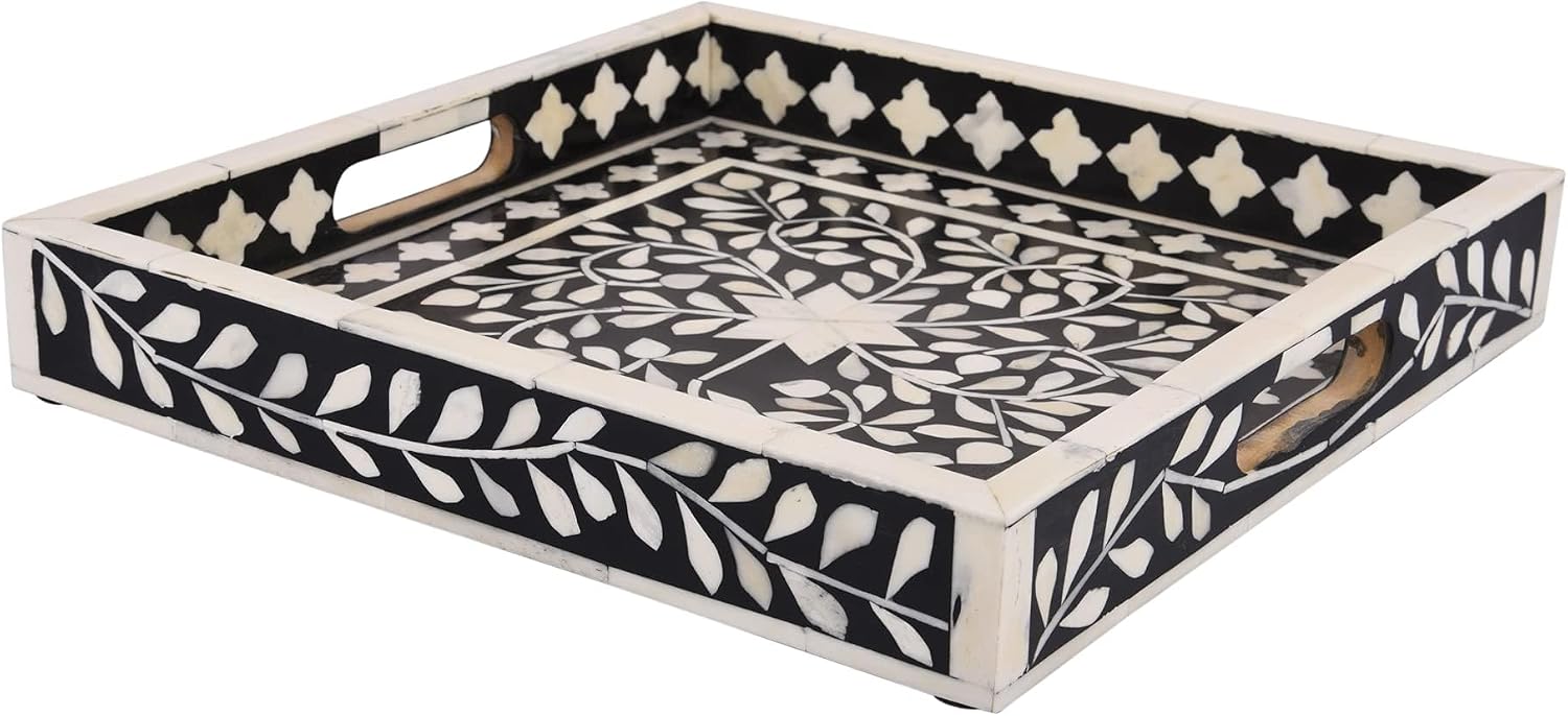 Handicrafts Home Alhambra Bone Inlay Decorative Tray, Handmade Coffee Table & Ottoman Serving Tray, Black White Vanity Countertop Organizer, Negra 12x12”