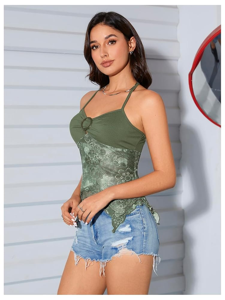 OYOANGLE Women's Floral Print Contrast Lace Tie Backless