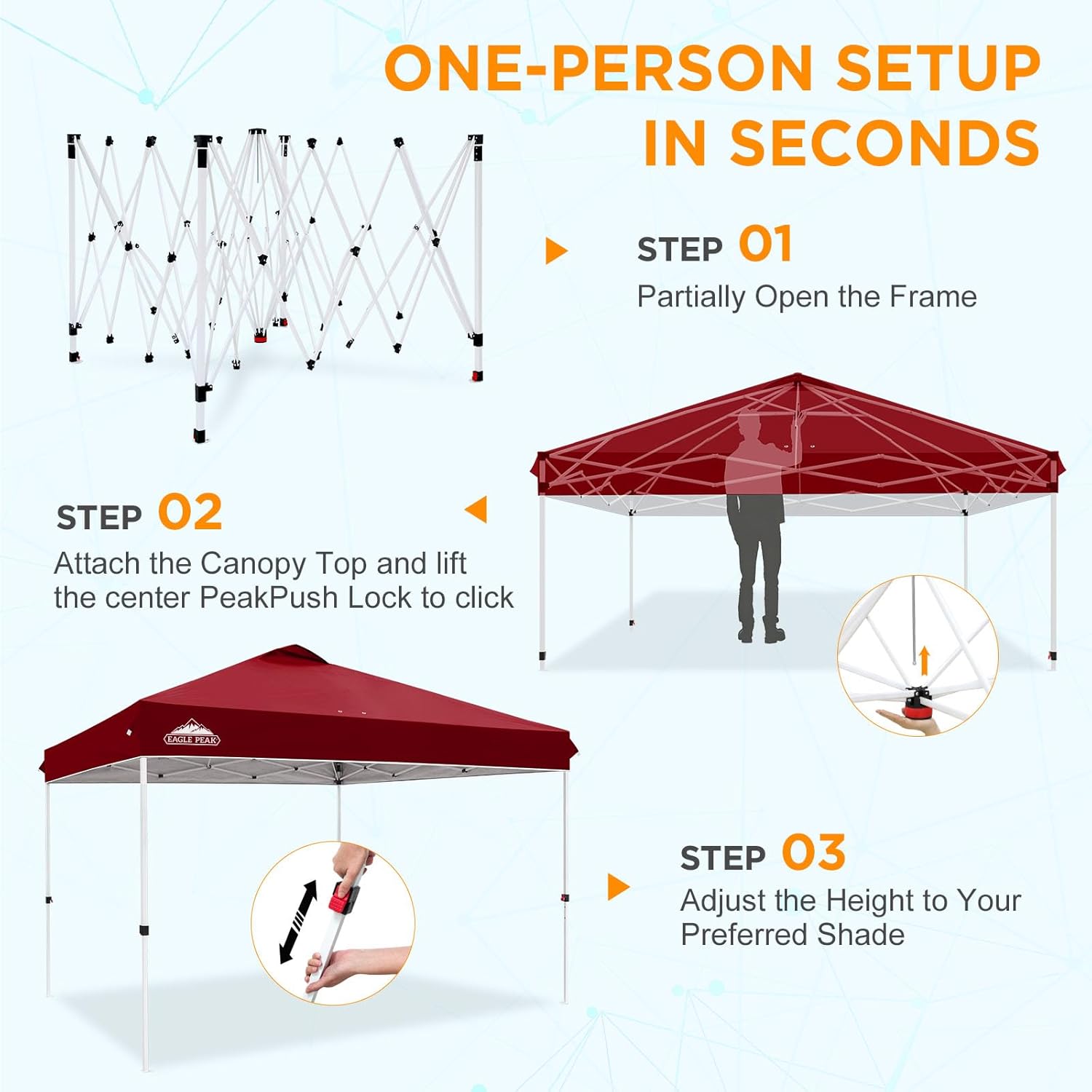 EAGLE PEAK Pop Up Canopy Tent with Wheeled Carry Bag, 8 Stakes, 4 Ropes, 4 Weight Bags, Easy Set Up Tent Canopy, 12x12 ft, 144sqft of Shade, Burgundy