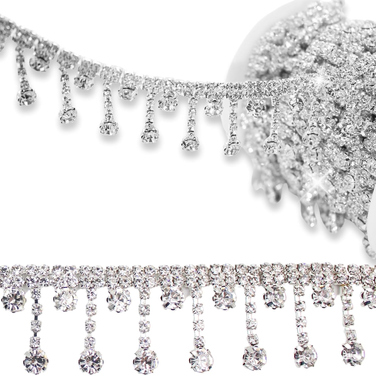 PEARLY JUN 5 Yards Rhinestone Trim Crystal Rhinestone Chain Silver Fringe Sewing Dress DIY Party Wedding Bouquet for Decoration Bridal Costume Embellishment Clothing Accessories