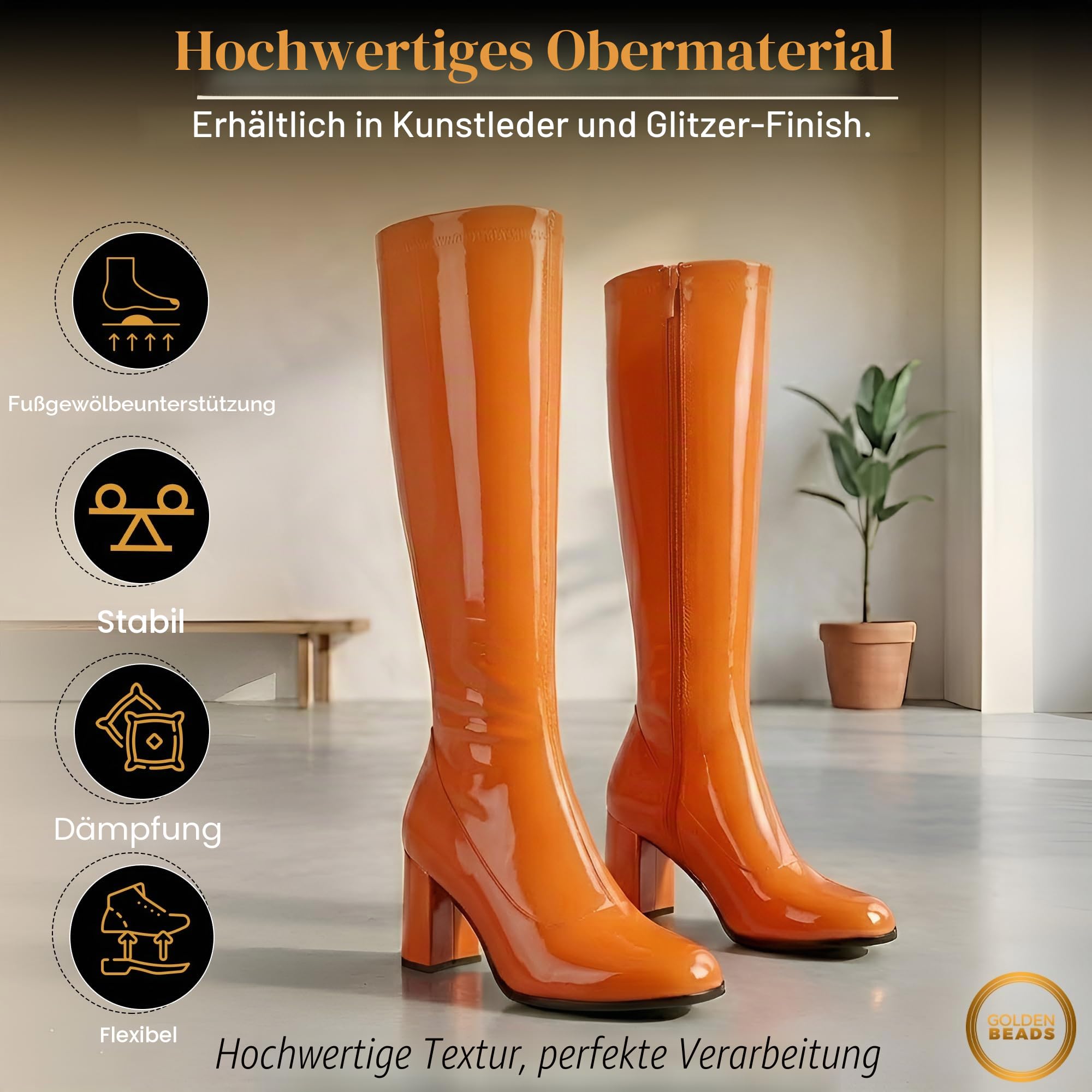 Damen-GoGo-Stiefel, 1960er/70er-Retro-Look, Größe EU 36-47,5