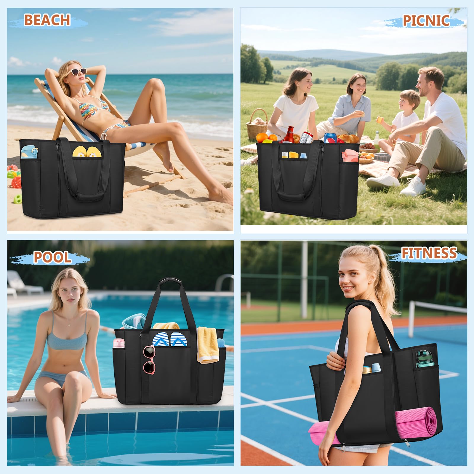 Grand Sac Plage Femme avec Fermeture Éclair XXL Famille 45L Sac de Plage Imperméable Sacs Caba Plage Pliable Beach Tote Bag pour Piscine Gym Vacance