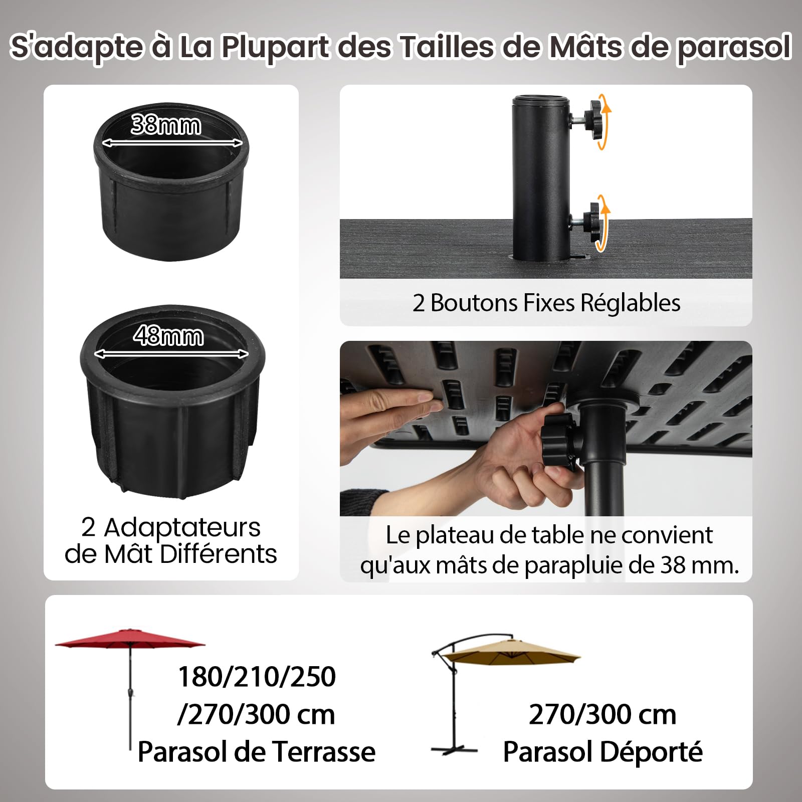 RELAX4LIFE Base de Parasol avec Table Basse Carrée 3-en-1 (Noir)