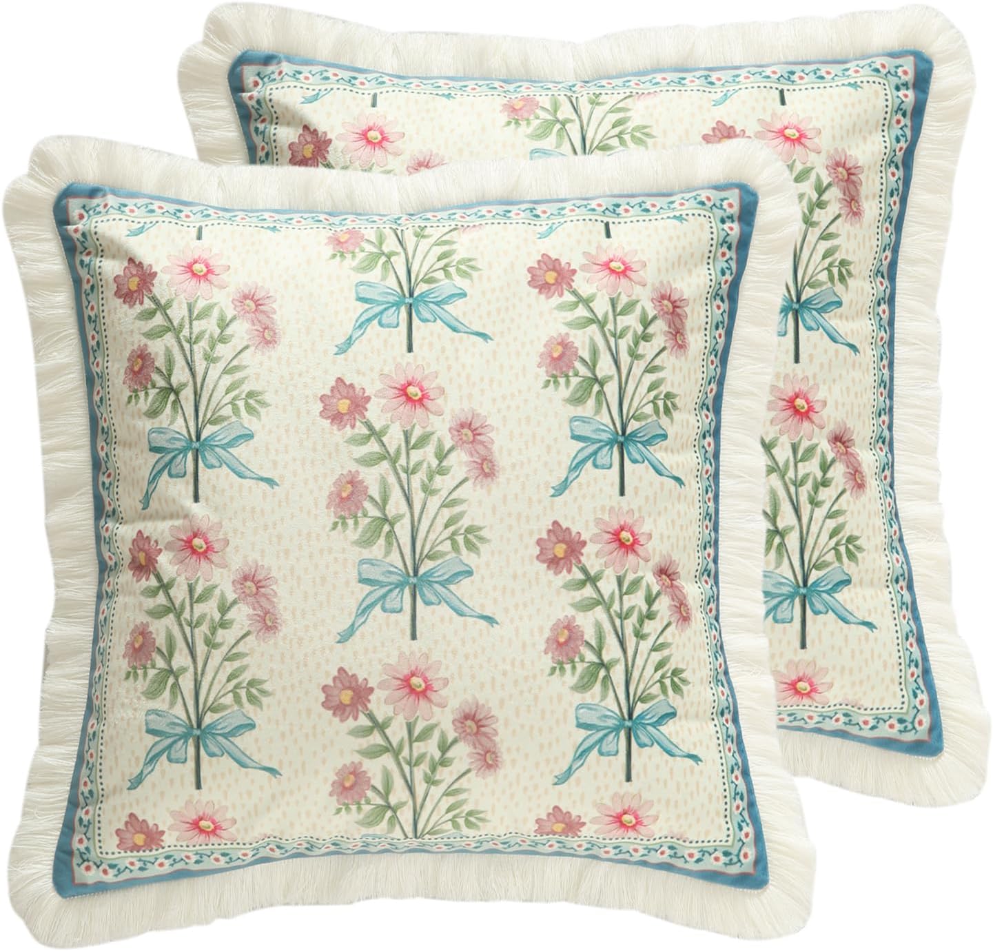 patdrea Designer French Country Velvet Throw Pillow Cover 18x18 inches,Elegant Blue Pink Small Floral Pattern,Decorative Square Pillowcases Cushion for Bed Living Room Outdoor Car,Pack of 2