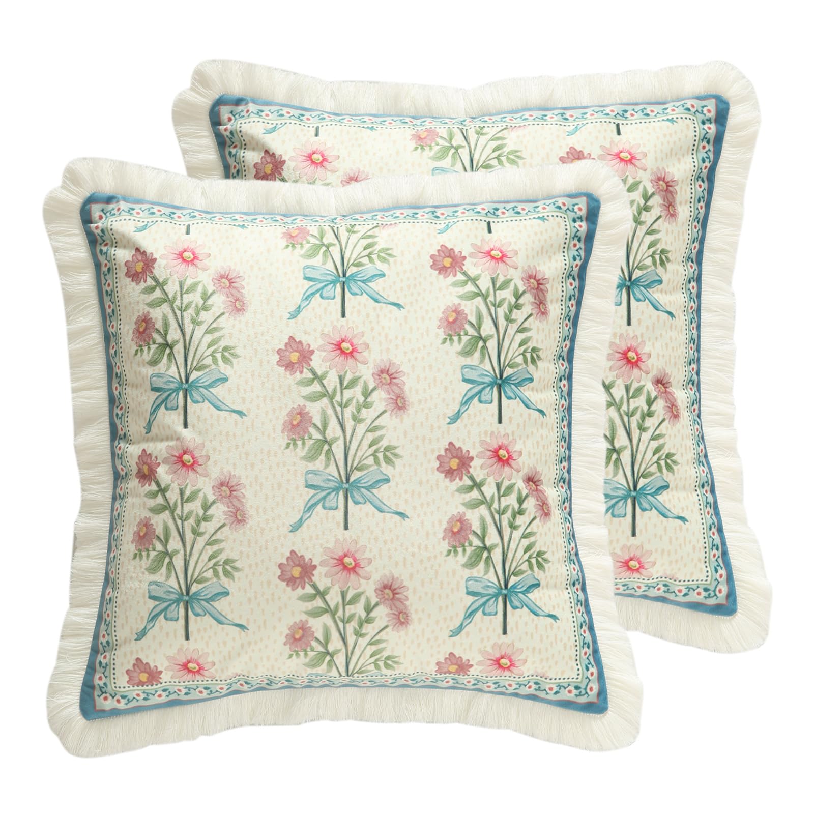 patdrea Designer French Country Velvet Throw Pillow Cover 18x18 inches,Elegant Blue Pink Small Floral Pattern,Decorative Square Pillowcases Cushion