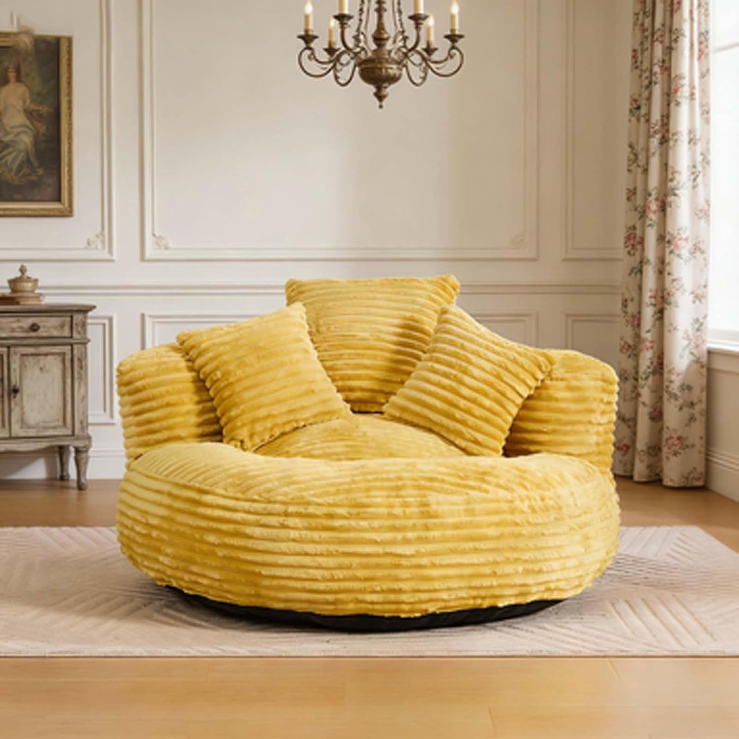 Extra Large Bean Bag Chair for Adults, Big Bean Bags with 3 Pillows & Armrest, Durable Corduroy Foam Filler Lazy Sofa for Bedroom Living Room(Yellow)