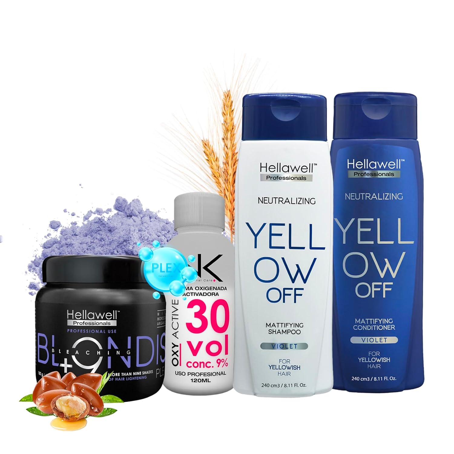 Hellawell BLONDISH PLEX +9 Hair Bleach Powder + Yellow Off Purple Shampoo & Conditioner + NK Cream Peroxide | Lifts up to 9 Levels | With Moroccan Argan Oil & Keratin (180g)
