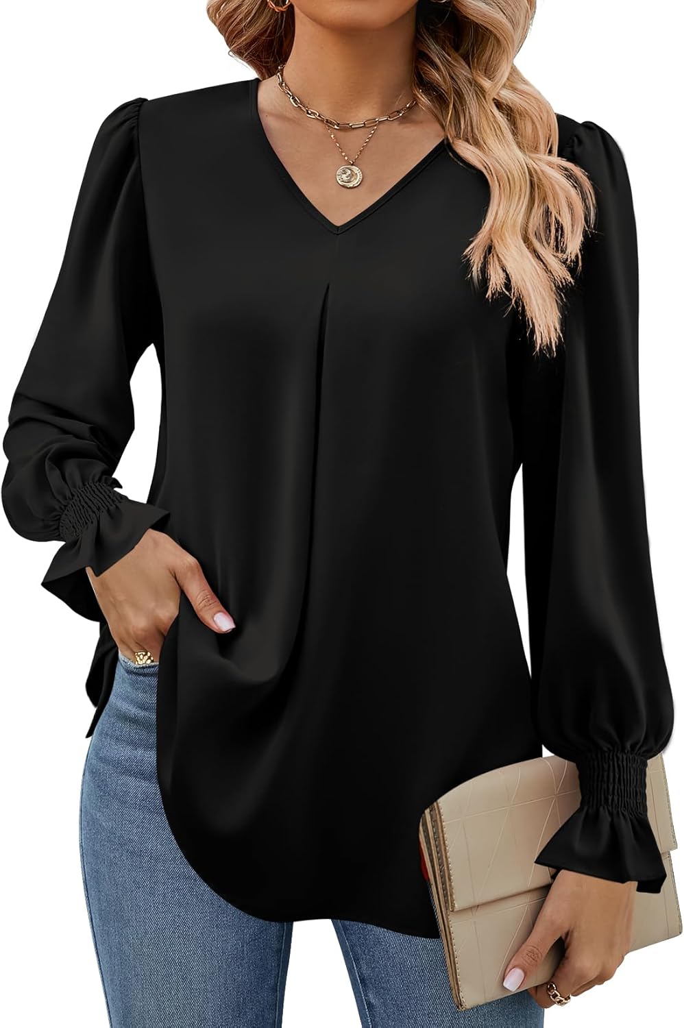 Funlingo Women's 2025 Long Sleeve Tops Dressy Casual V Neck Tunic Shirts Loose Chiffon Work Blouse