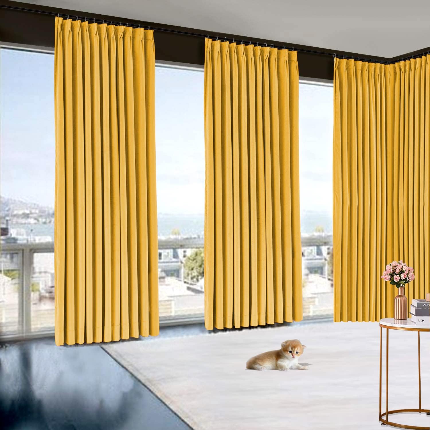 Double Pinch Pleat Draperies Extra Long Solid Curtains 2 Story Window Hall Theater Room Office Room Partition Attractive Polyester (Mustard Yellow, 60 Inch Wide by 132 Inch Long- 1 Panel)