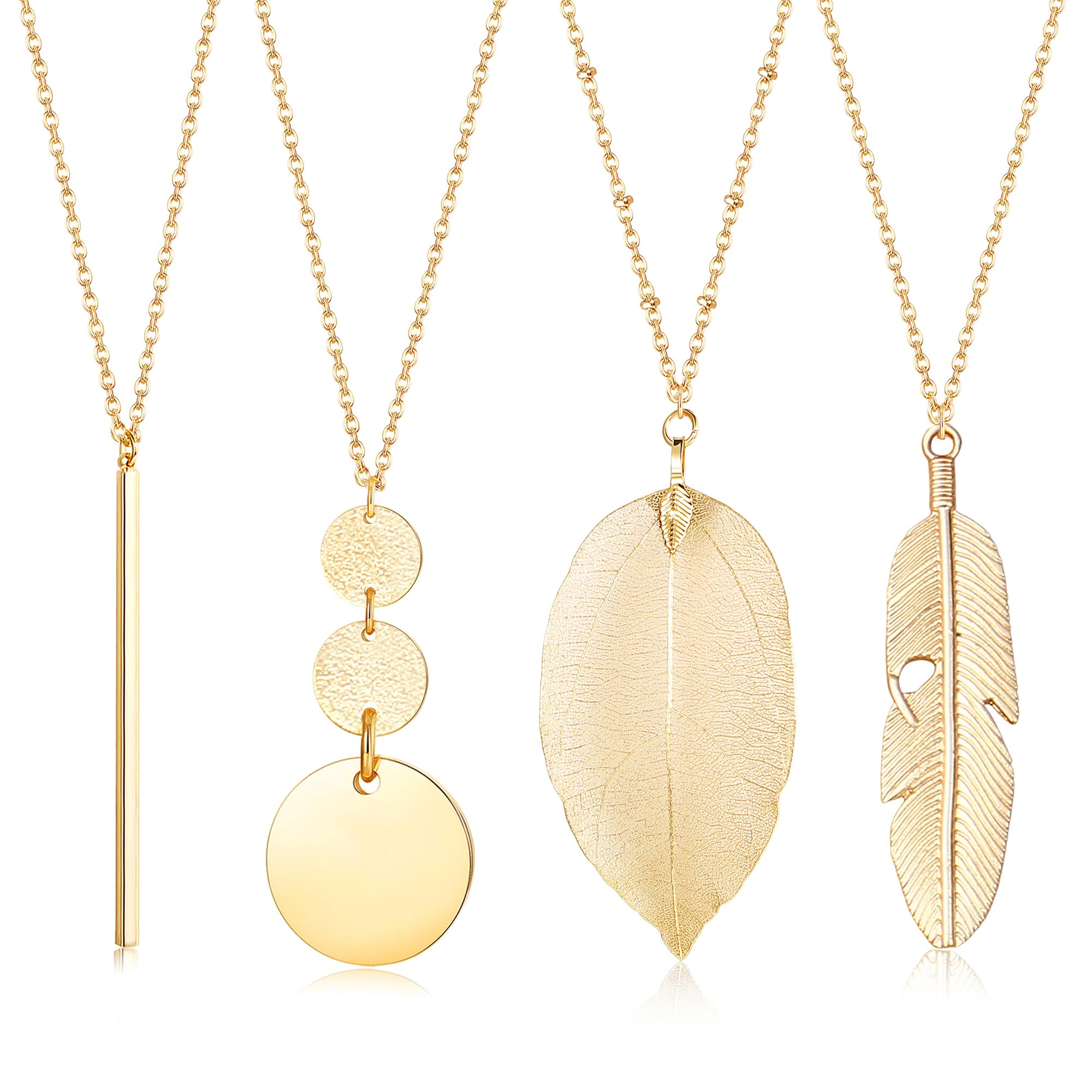 Diamday 4 Piezas Collar Largo Mujer Colgante Collares Dorado Plata Cadena Collar Largo para Mujer Bar Pluma Círculo Hoja Colgante Y Collar Moda Suéter Collar Set Cadena Collar Largo Mujer Joyas