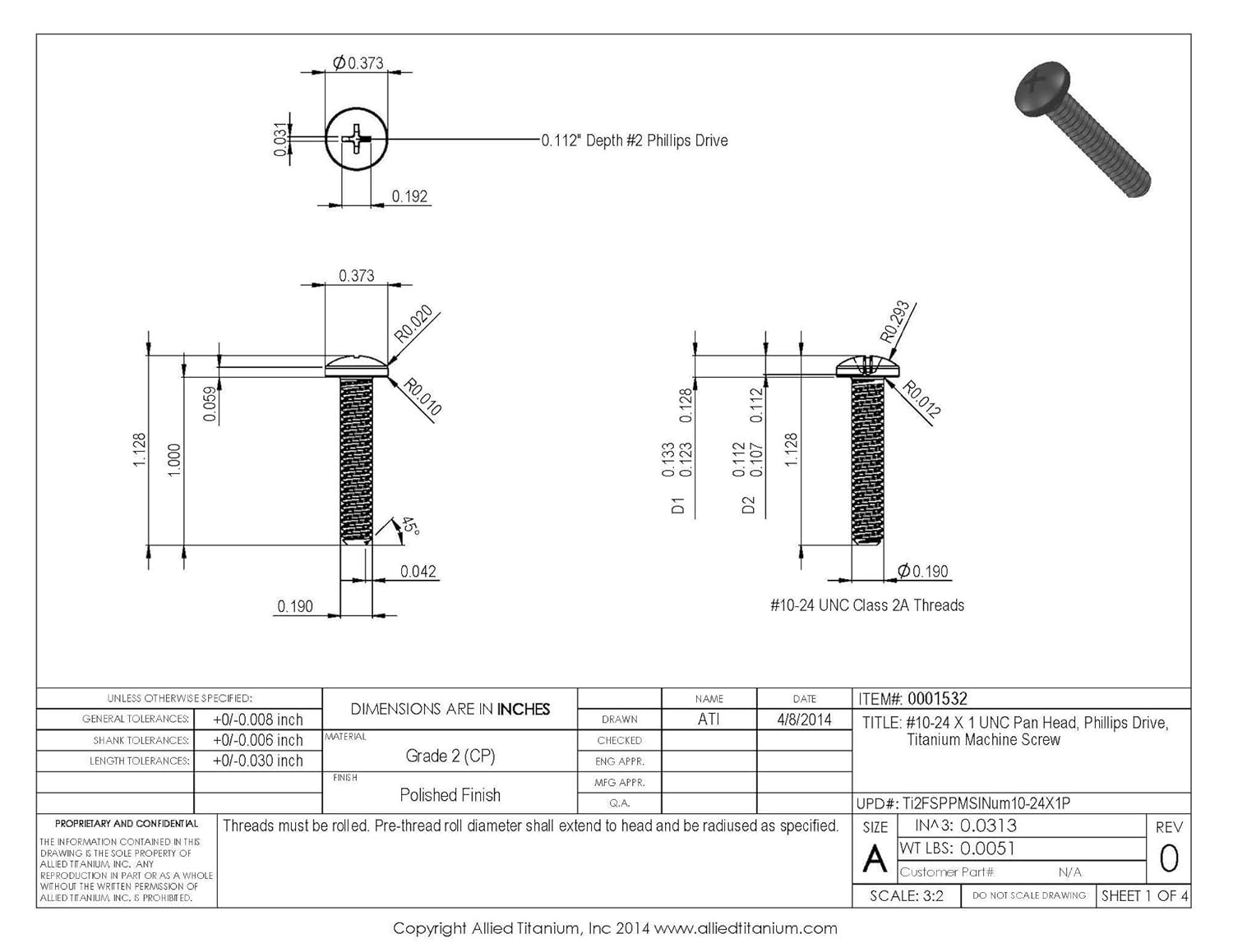 0001532, (Pack of 10) #10-24 X 1 UNC Titanium Pan Head, Phillips Drive, Machine Screw, Grade 2 (CP)