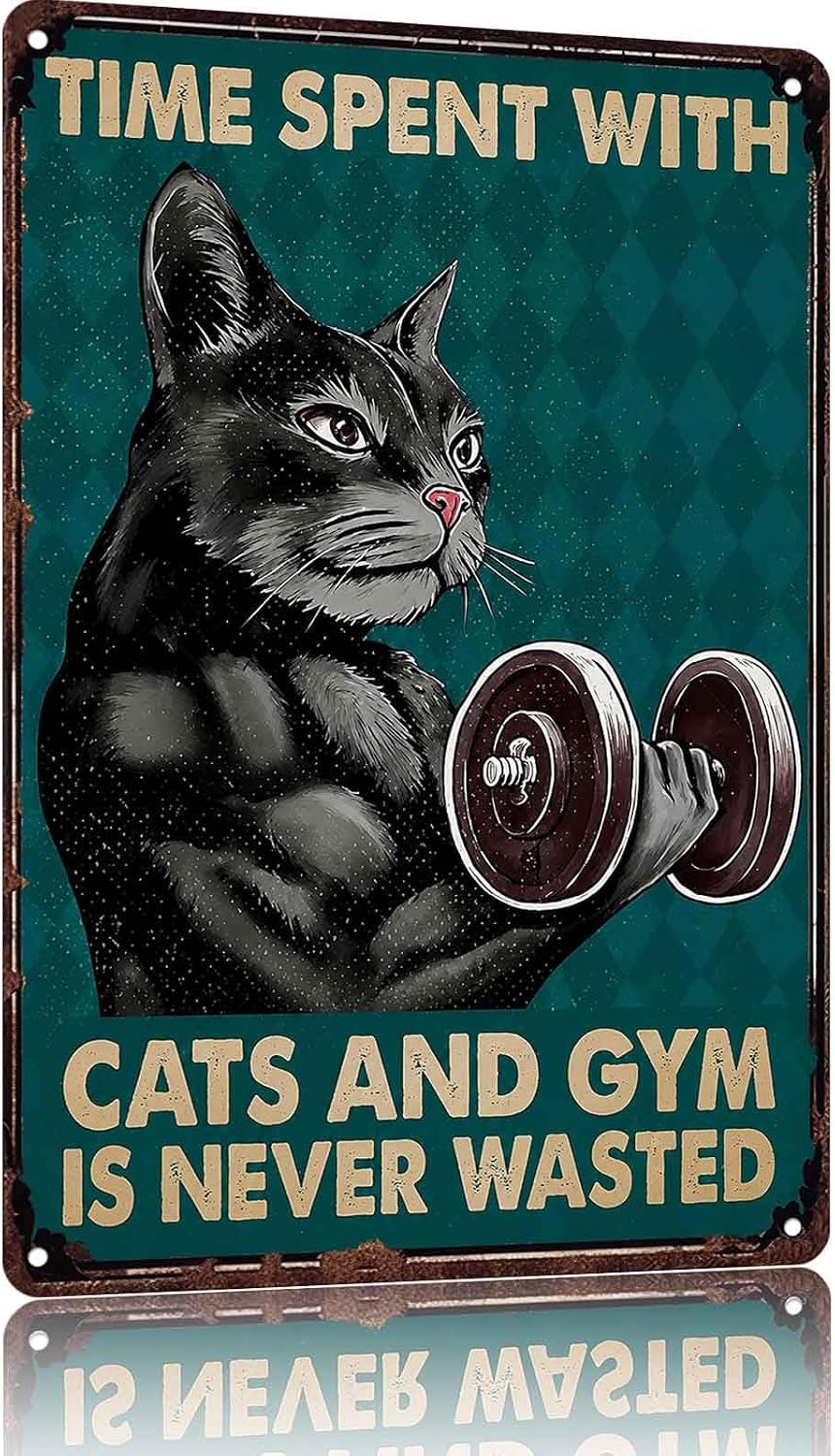 Vintage Muscular Cat Metal Signs 8x12 Inch Gym Wall Decor