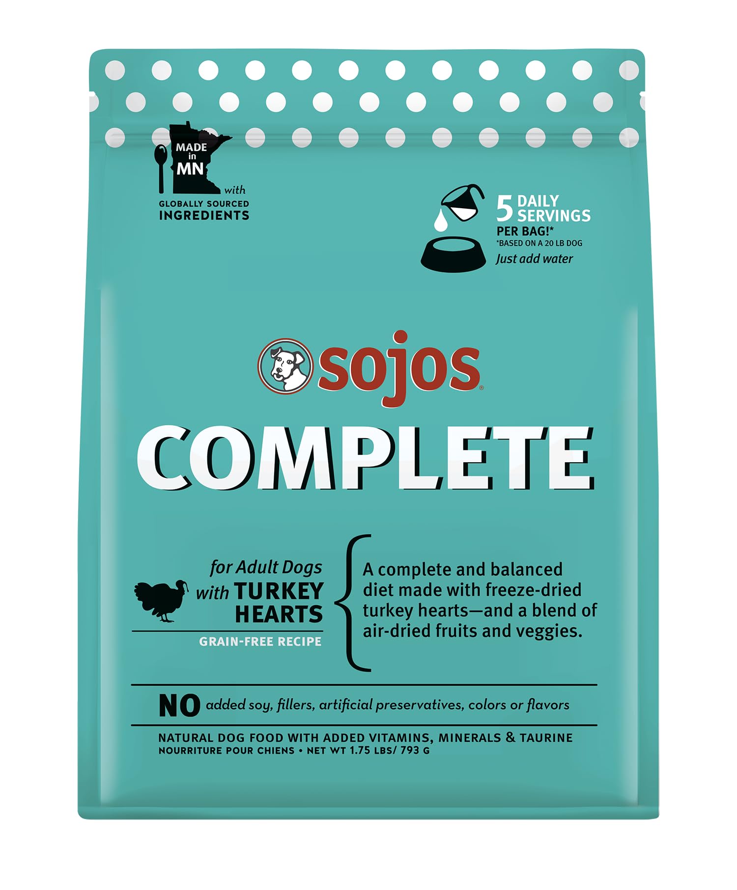 Sojos Complete Freeze Dried Raw Adult Dry Dog Food, Grain Free, Natural, Turkey Recipe, 1.75 lb Bag