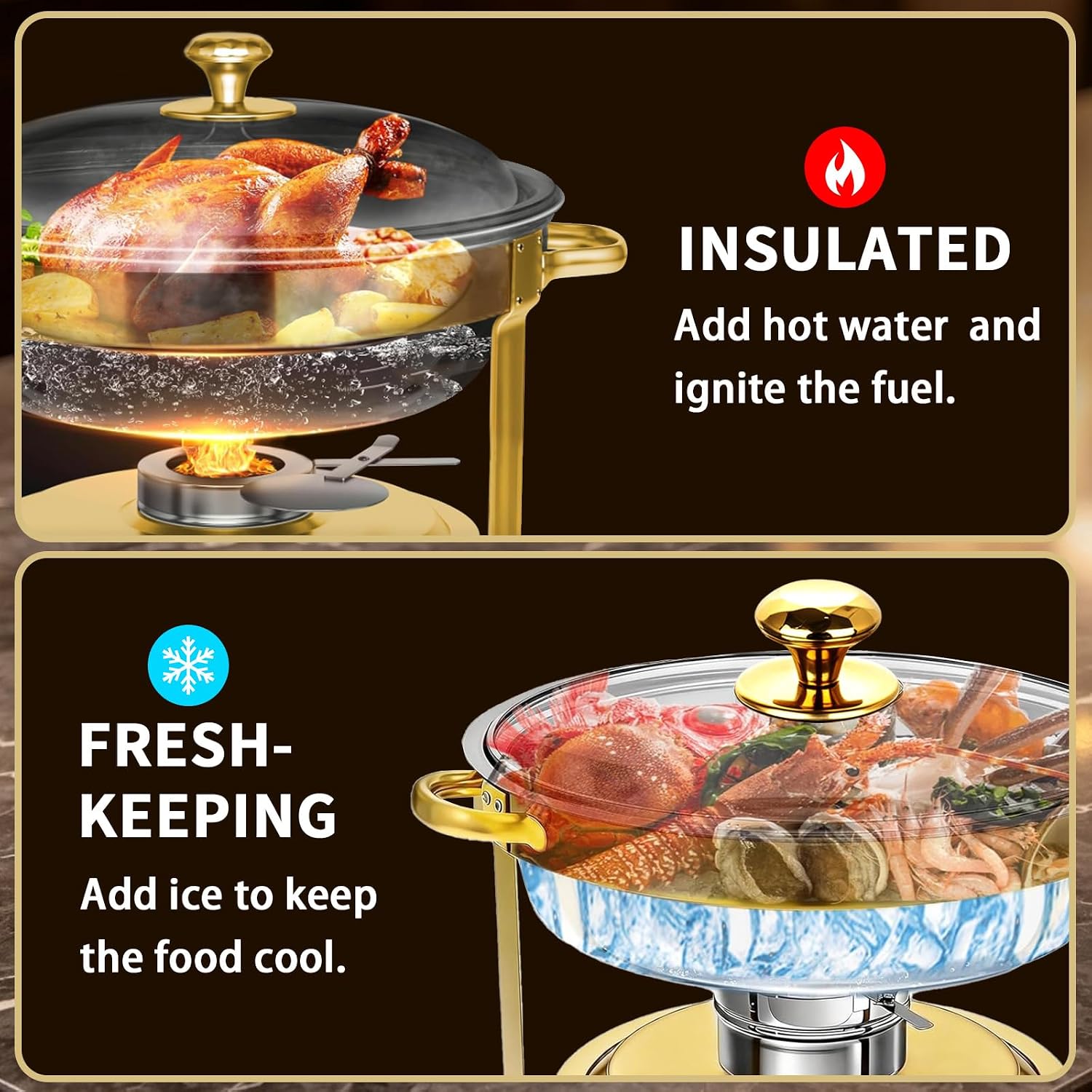 Chafing Dishes for Buffet Set of 4 6QT Stainless Steel Chafing Dish Oven Safe Even Heating Thickened Anti‑Deformation Non‑Coated Round Edge Anti‑Scratch Dual Temp Keep Party Catering Gold