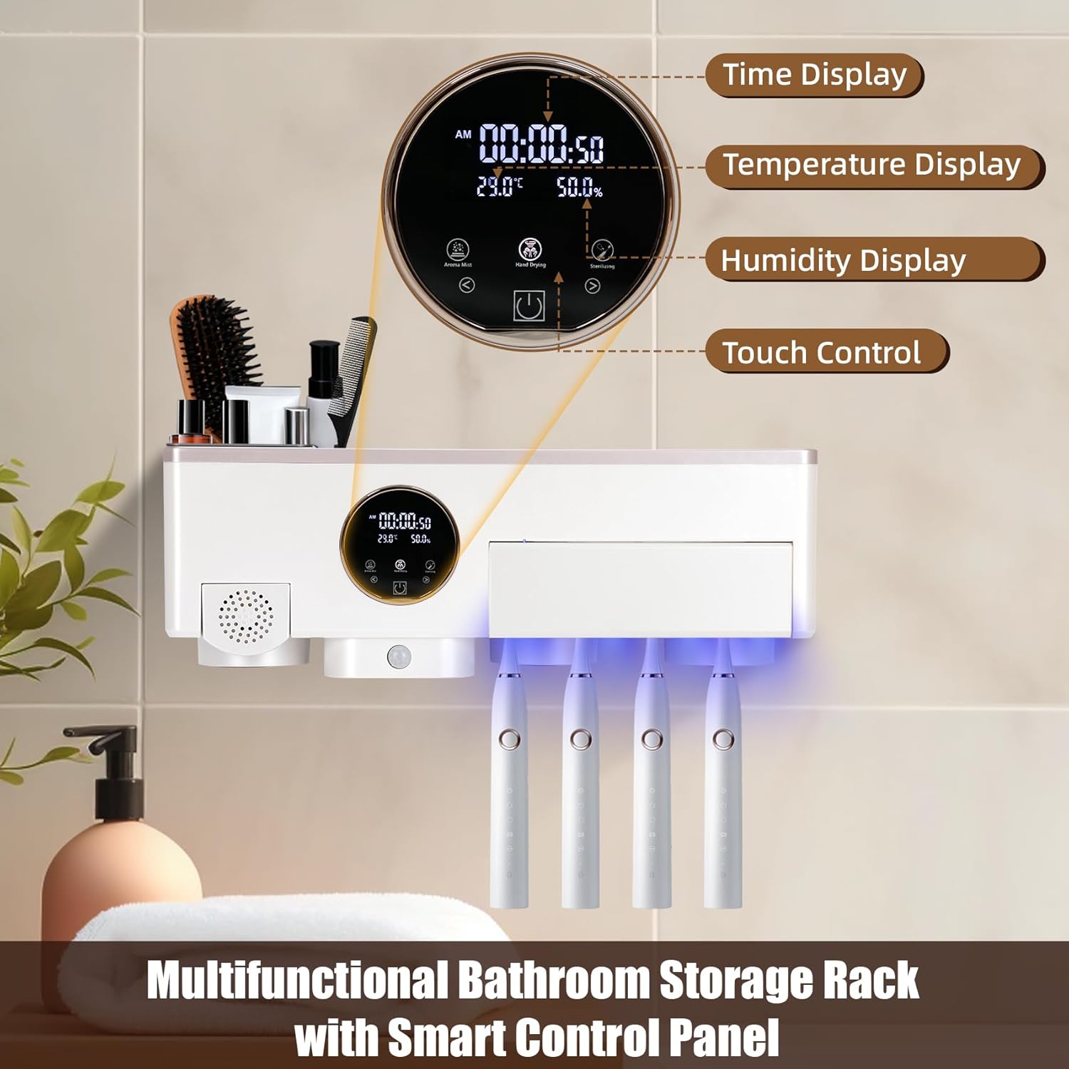 Toothbrush Holder Cleaner, Smart Automatic Toothbrush & White Hair Dryer Holder, Sensor Light, Touch Screen Timer, Bathroom Wall Accessories Organizer - Image 6