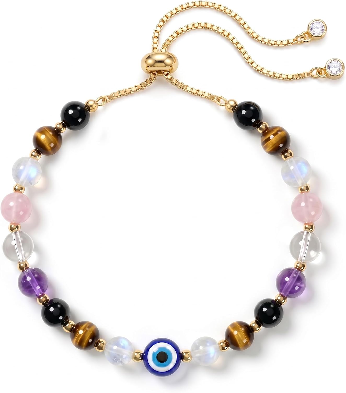 Evil Eye Bracelet for Women Protection Bracelet Natural Gemstone Crystal Bracelet Evil Eye Charm Adjustable Birthday Gifts for Women with Message Card