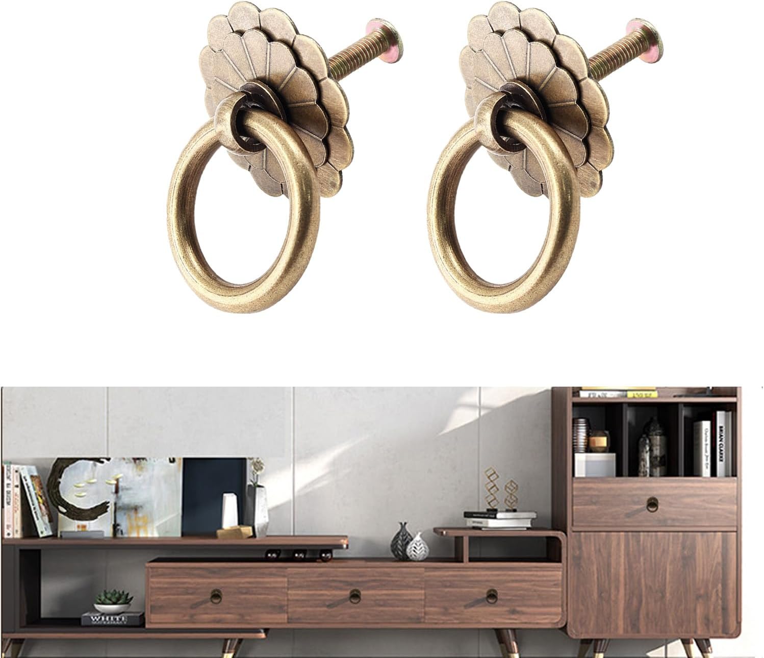 2 Pack Drawer Knobs Vintage Antique Floral Brass Drop Ring Knobs Hardware Cabinet Pull Drawer Pulls Ring Handle Knob for Nightstand Bed Side Table Bedroom Drawers Dresser Night Stand End Table