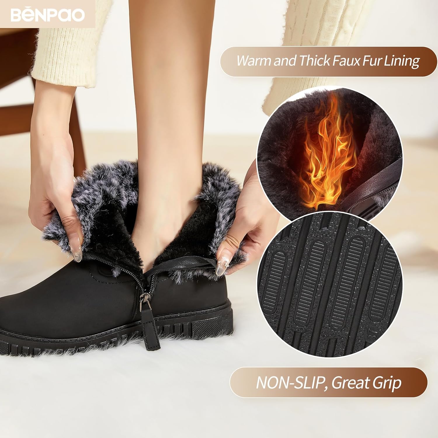 BENPAO Women's Winter Boots Fuzzy Snow Boots for Women Mini Short PU Leather Boots Warm Fur Lined Boots Waterproof Ankle Booties with Zipper